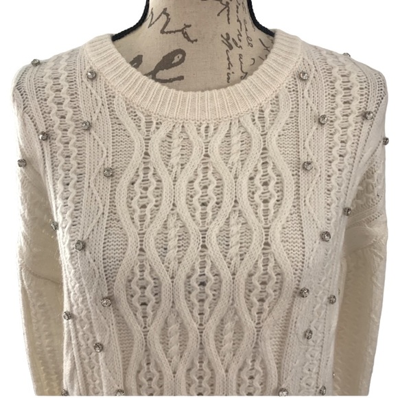 NWT Express Rhinestone Embellished Drop Shoulder Cableknit Tunic Sweater Ivory S - Picture 5 of 12